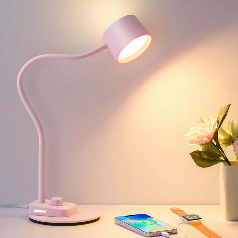 Desk Lamp LED Desk Lamp with USB C A Charging Ports 5 Colors Fully Dimmable Eye Care Reading Lamp for Bedside Table Full Metal Efficient Gooseneck